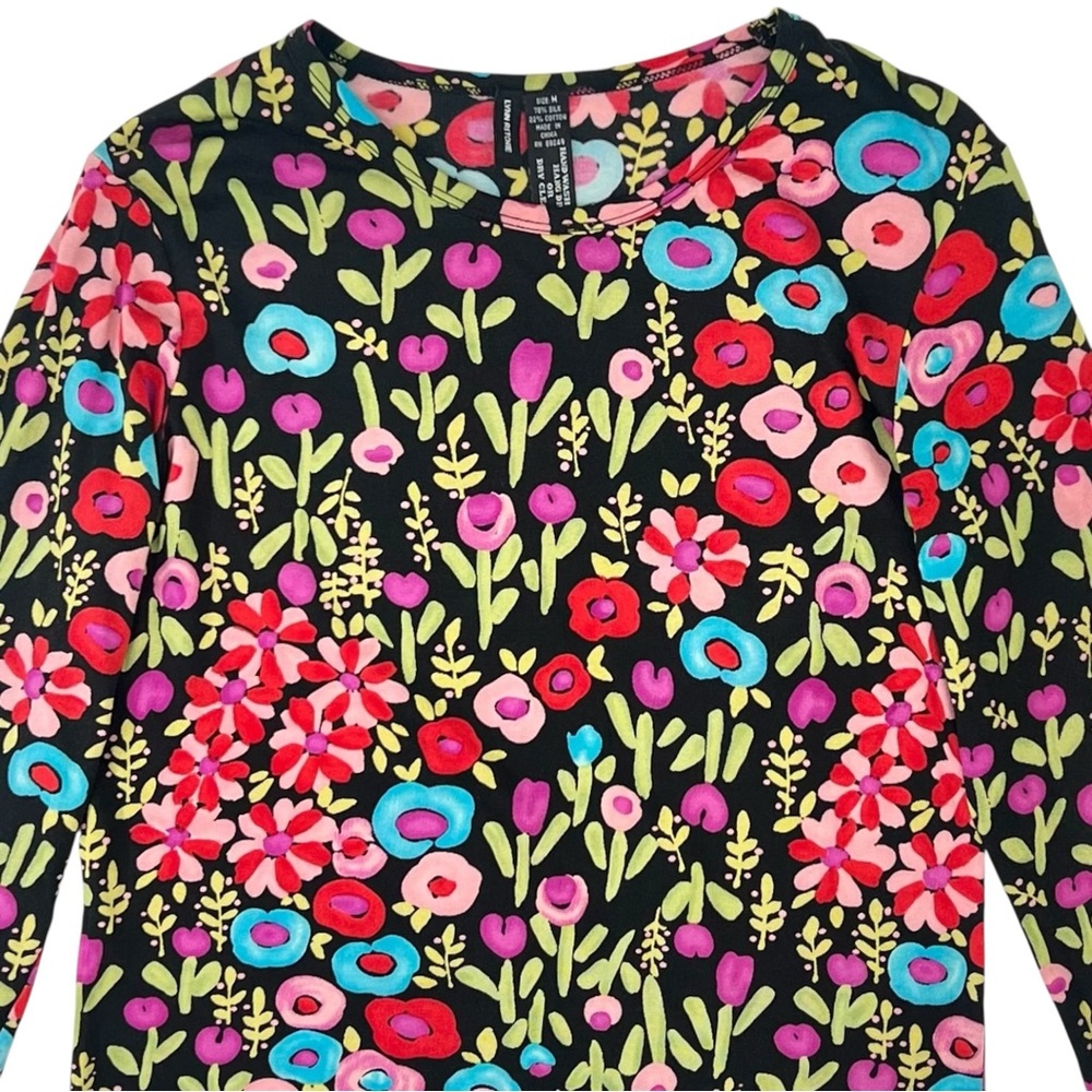 Vintage Silk - Y2K Vintage Lynn Ritchie Black Floral Silk Long Sleeve Blouse Top - Picture 3 of 6